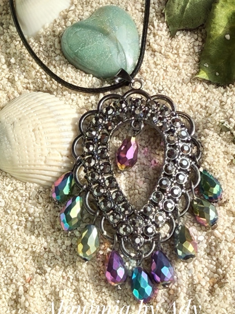 BRUTALIST Multicolor Iridescent Teardrop Chandelier Necklace BLACK CORD